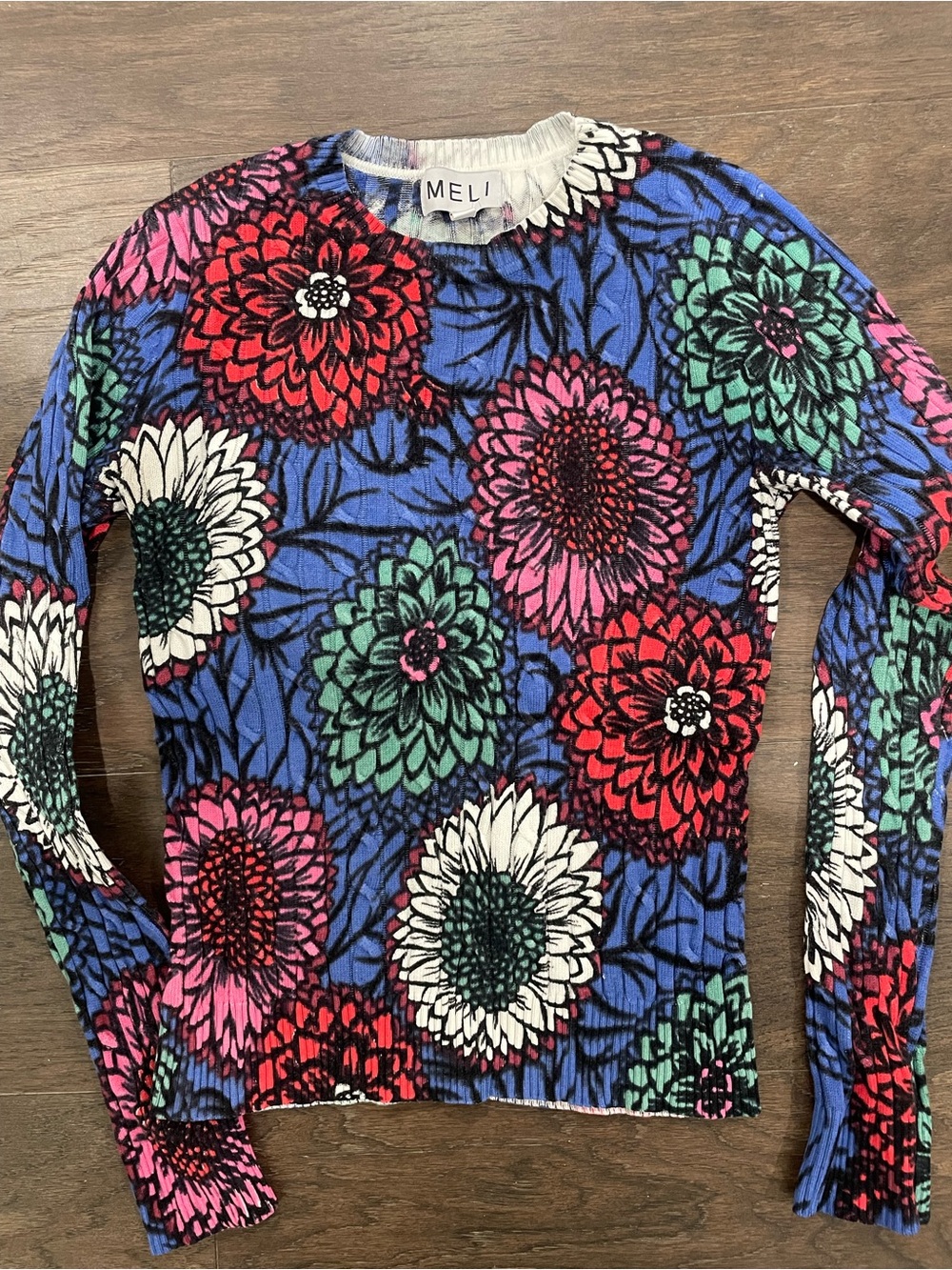 Women’s Floral Long-Sleeve cable knit sweater— Blue Multi